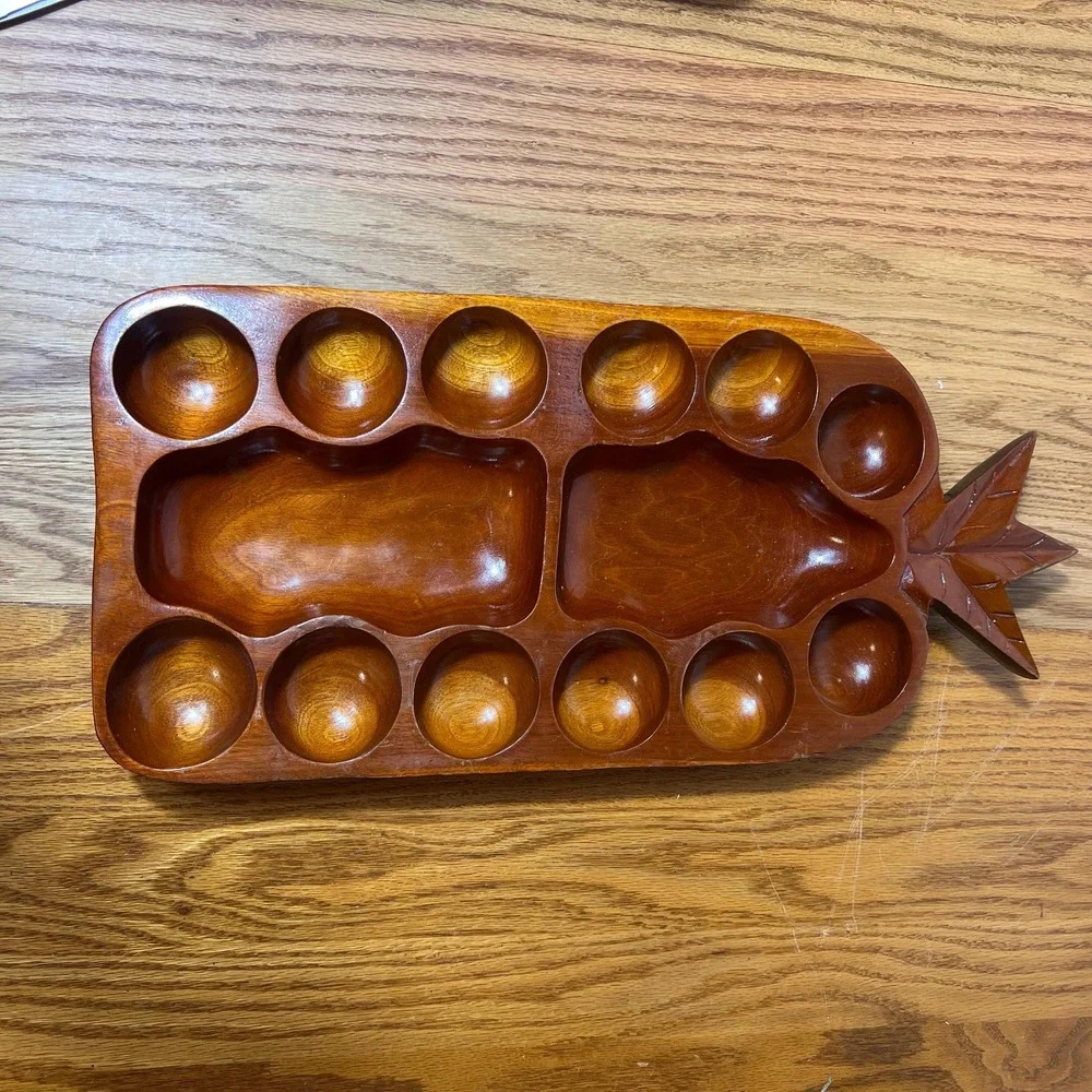 Wooden Pineapple Serving Tray Appetizer Platter Carved Snack Nut Relish Dish